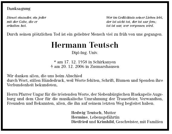 Teutsch Hermann 1958-2006 Todesanzeige